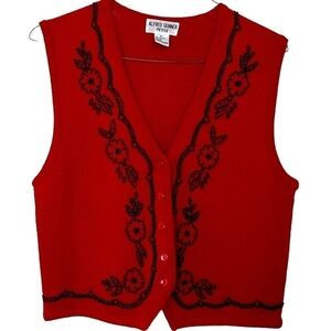 Alfred Dunner Sweater Vest Holiday Red with Black Beads Acrylic & Wool Size PL